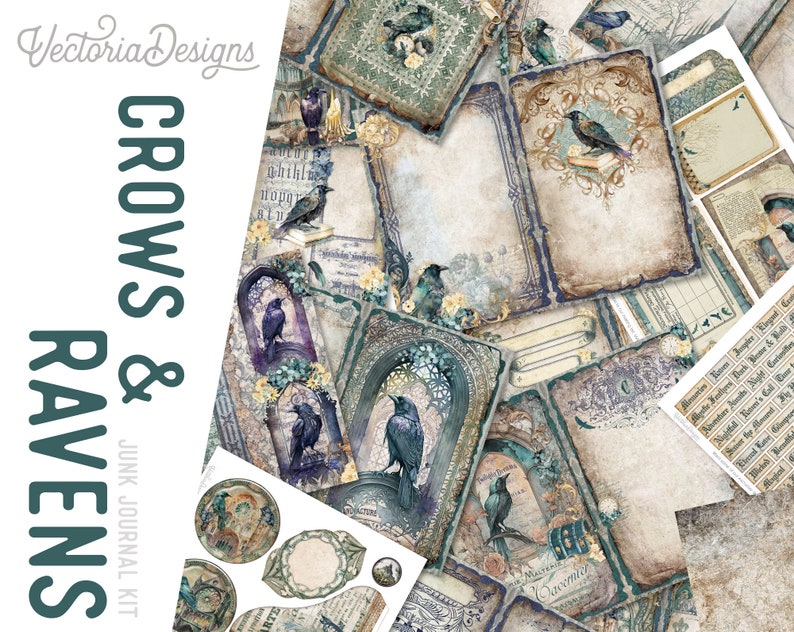 May include: A digital junk journal kit featuring crows and ravens. The kit includes various papers with vintage designs, including crows, ravens, and floral patterns. The papers are in shades of blue, green, and brown.