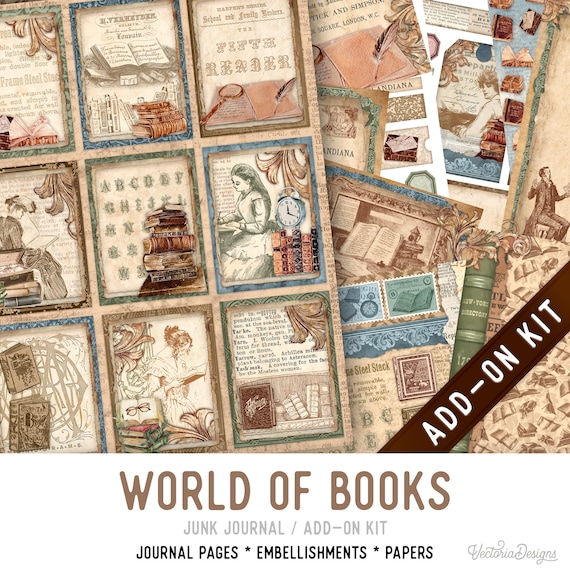 World of Books Junk Journal Kit ADD-ON, Printable Craft kit with Journal Pages, Embellishments and Papers - 003213