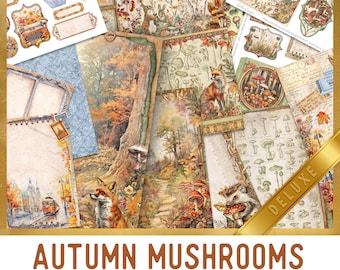 Autumn Mushrooms Large Junk Journal Kit DELUXE, Autumn Crafting Printables Mushrooms Embellishments Printable Fall Paper Junk Journal 003465