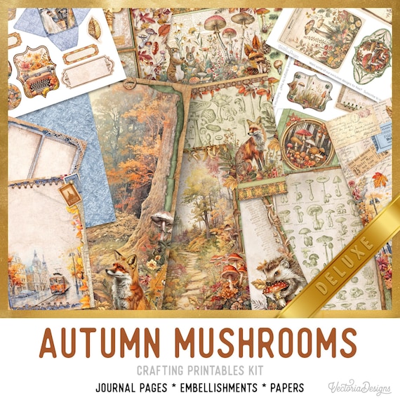 Autumn Mushrooms Large Junk Journal Kit DELUXE - Printable Pages, Papers and Embellishments for Crafting - 003465