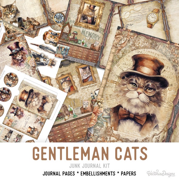 Gentleman Katzen Junk Journal Kit Printable Junk Journal Kit Katzen Verzierungen Katzen Junk Journal Papiere Bastelset Kätzchen - 003024