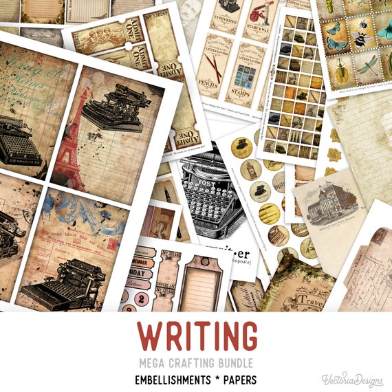 Vintage Writing Mega Crafting Kit, Printable Embellishments - 001979