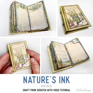 Puede incluir: Un libro en miniatura con estética vintage. La portada y las páginas presentan ilustraciones botánicas y texturas de papel envejecido. El libro está abierto en varias vistas, mostrando el diseño interior detallado. El título "Nature's Ink" se muestra en la parte inferior.