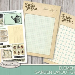 Pu&ograve; includere: Un foglio stampabile di elementi per il diario da giardino, che include una griglia per la disposizione del giardino, un elenco di piante e un biglietto che dice "Admit One". Il foglio &egrave; decorato con illustrazioni vintage di fiori, erbe e un annaffiatoio.