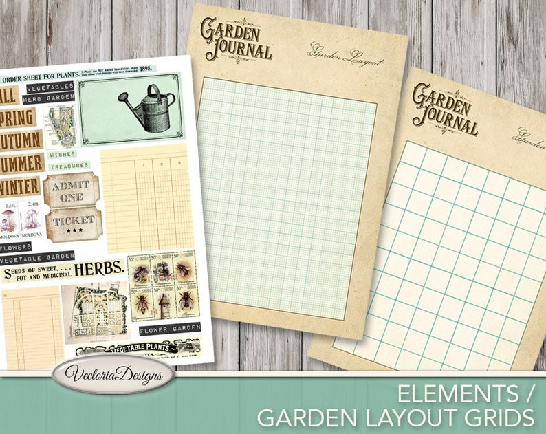Pu&ograve; includere: Un foglio stampabile di elementi per il diario da giardino, che include una griglia per la disposizione del giardino, un elenco di piante e un biglietto che dice "Admit One". Il foglio &egrave; decorato con illustrazioni vintage di fiori, erbe e un annaffiatoio.