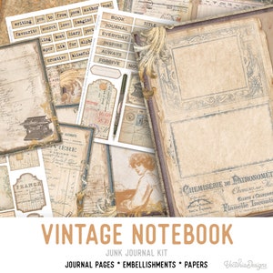 Vintage Notebook Junk Journal Kit, Printable Journal Pages, Neutral Junk Journal, Vintage Embellishments, Old Paper, Antique Paper - 002390