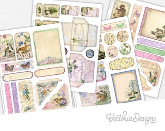 Spring Forest Embellishment Sheets, Floral Digital Papers, Animal Paper Embellishments, Junk Journal Paper Pack,Decorative Papers 002476