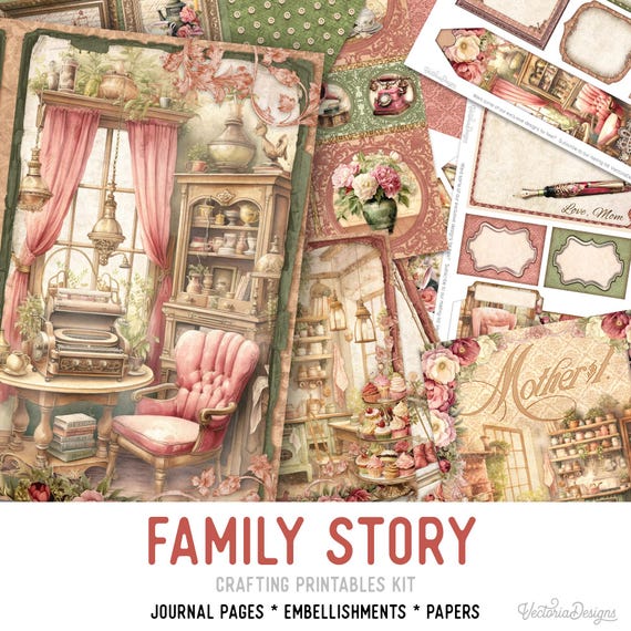 Family Story Junk Journal Kit (Standard) - Printable Pages, Papers and Embellishments for Crafting - 003585