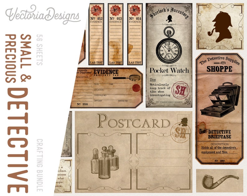 Small & Precious Detective Crafting Bundle, Sherlock Holmes Bundle, Detective Pack, Digital Paper, Evidence Bag, Case File, Evidence 001665 image 1