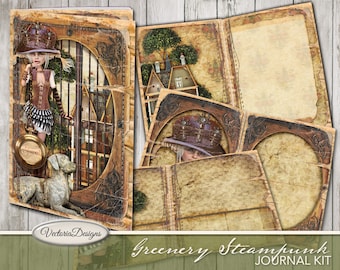 Greenery Steampunk Journal Kit, Printable Journal, Scrapbook Kit, Steampunk Decoration, Paper Craft, Instant Download, Digital Sheets 001915