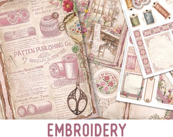 Embroidery Junk Journal Kit, Printable Junk Journal Kit Embroidery Embellishments Junk Journal Embroidery Papers Reading Craft Kit 003228