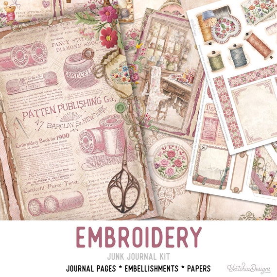 Embroidery Junk Journal Kit - Printable Pages for Crafting - 003228