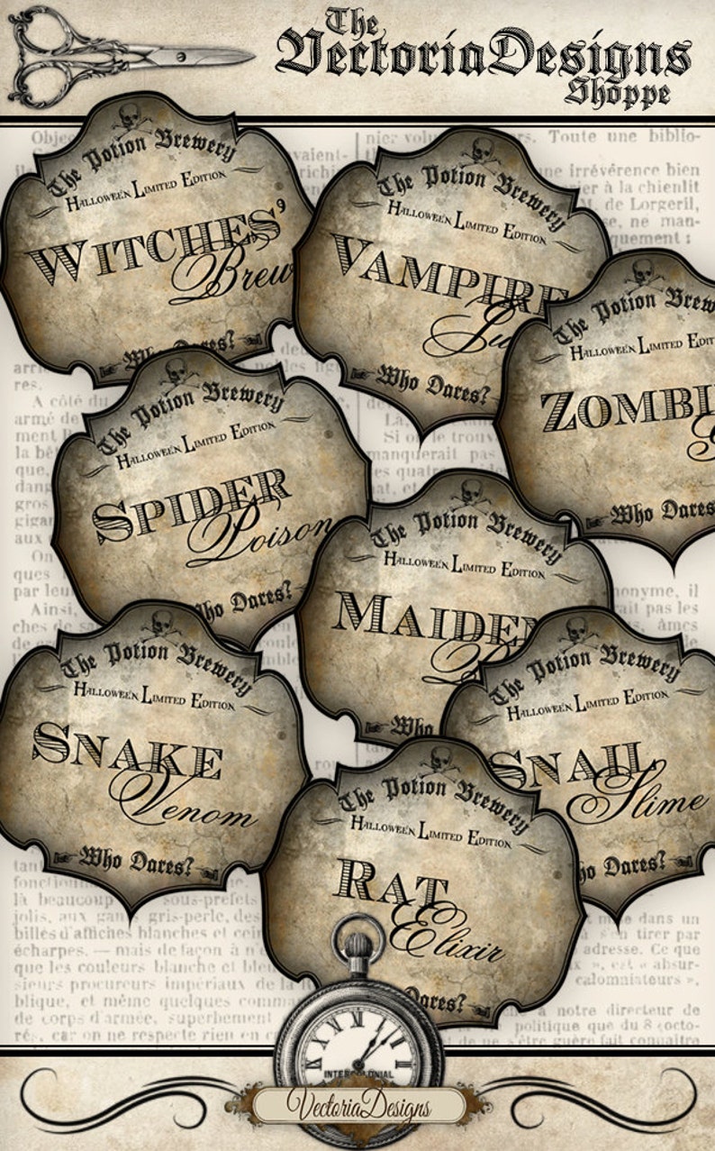 Printable Halloween, Wine Labels, Halloween Drink Labels, Halloween Tags, Gothic Labels, Victorian Tags, Potion Labels, Halloween 000938 image 1