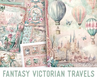 Fantasy Victorian Travels Junk Journal Kit, Victorian Crafting Printables Kit Travel Embellishments Printable Paper Kit Craft 003305