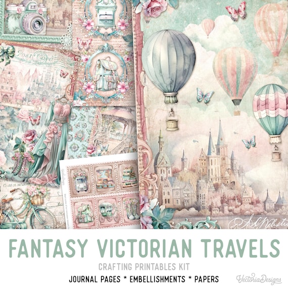 Fantasy Victorian Travels Junk Journal Kit (Standard) - Printable Pages, Papers and Embellishments for Crafting - 003305