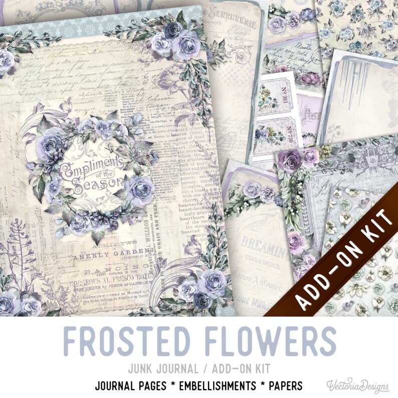 May include: A digital scrapbook kit with a frosted flower theme. The kit includes journal pages, embellishments, and papers. The kit features a light blue and white color scheme with a vintage aesthetic.