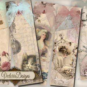 May include: Set of five vintage-style bookmarks featuring a variety of images, including a cat, a woman reading, a woman in a hat, and floral designs. The bookmarks are printed on a cream-colored background with a brown border.