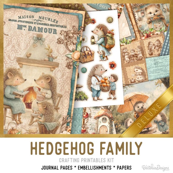 Hedgehog Family Junk Journal Kit DELUXE - Printable Pages, Papers and Embellishments for Crafting - 004076