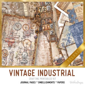 Könnte beinhalten: Vintage-industrieller Bastel-Druckkit mit Journal-Seiten, Verzierungen und Papieren. Das Kit enthält eine Vielzahl von Designs, darunter Zahnräder, Uhren und Blaupausen.