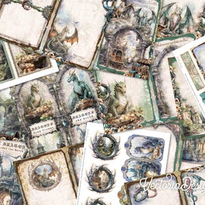 Puede incluir: Una colecci&oacute;n de hojas de papel digital con ilustraciones de dragones de fantas&iacute;a, arcos de piedra, cofres del tesoro y fondos estilo pergamino con etiquetas de texto como Dragons Deep Forest, Dragons Sky World y The Dragon Deep Under the Earth.