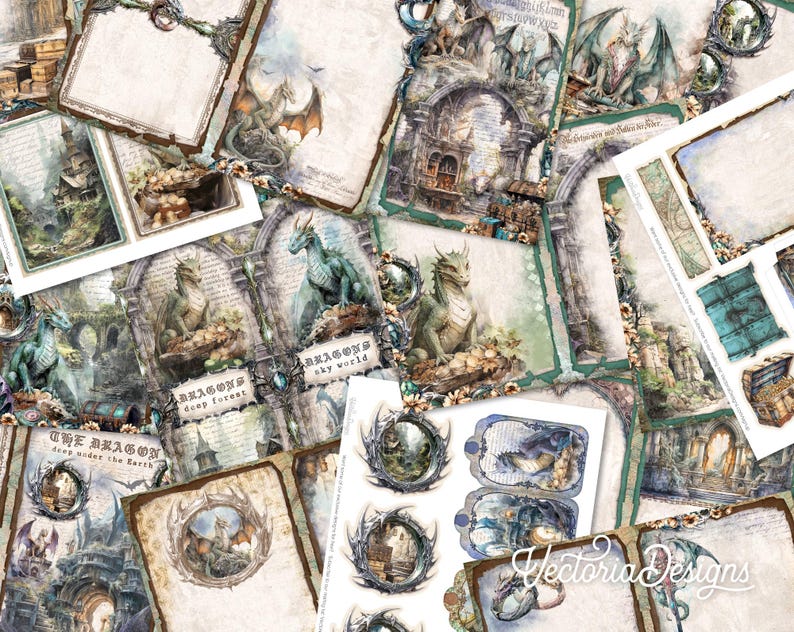 Puede incluir: Una colecci&oacute;n de hojas de papel digital con ilustraciones de dragones de fantas&iacute;a, arcos de piedra, cofres del tesoro y fondos estilo pergamino con etiquetas de texto como Dragons Deep Forest, Dragons Sky World y The Dragon Deep Under the Earth.