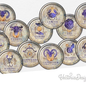 Zodiac Charms Circles, Printable Zodiac Circles, 3 Inch Circles, Astrology Circles, Junk Journal Embellishments, Scrapbook, Digital, 002684