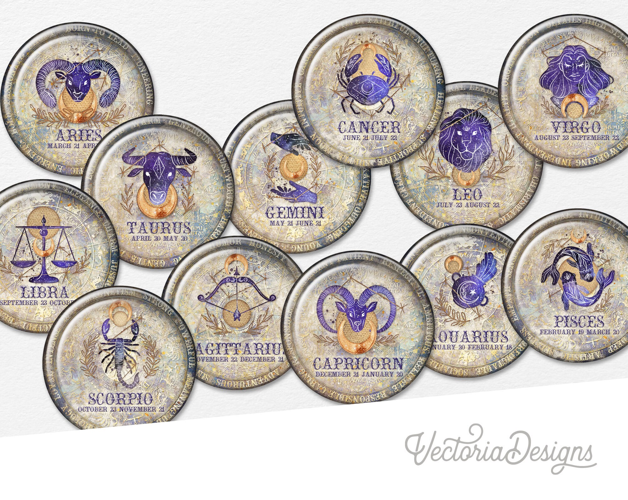 Zodiac Charms Circles Printable Zodiac Circles 3 Inch Circles 