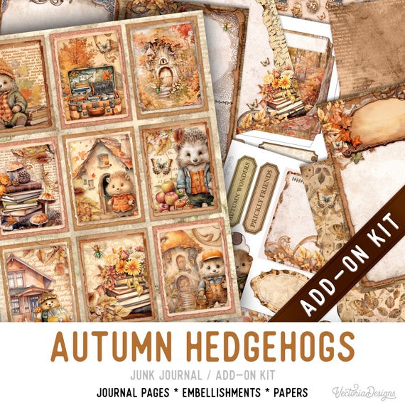 Autumn Hedgehogs Junk Journal Kit, Printable Pages Embellishments Papers (Add-On) - 003615