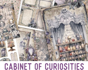 May include: A digital printable kit for crafting with a spooky, vintage theme. The kit includes journal pages, embellishments, and papers with images of skulls, potions, and other curiosities. The text "CABINET OF CURIOSITIES" is displayed in a purple banner.