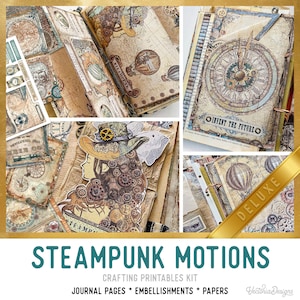 Puede incluir: Un collage de páginas de diario, adornos y papeles con temática steampunk. El diseño presenta mapas antiguos, esferas de reloj, engranajes y globos aerostáticos en tonos sepia. El texto "STEAMPUNK MOTIONS" y "INTENT THE FUTURE" son visibles.