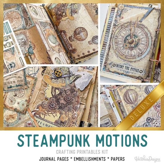 Steampunk Motions MEGA Crafting Bundle, Steampunk Printables, Printable Paper, Steampunk Embellishments, Junk Journal, Craft Kits - 002846