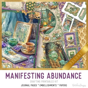 Könnte beinhalten: Digitaler Kunstdruck mit Aquarellillustrationen von Teetassen, Kristallen, Münzen und gerahmten Kunstwerken. Der Text "MANIFESTING ABUNDANCE" und "CRAFTING PRINTABLES KIT" befindet sich unten. Ein goldenes Band mit "DELUXE" befindet sich auf der rechten Seite.