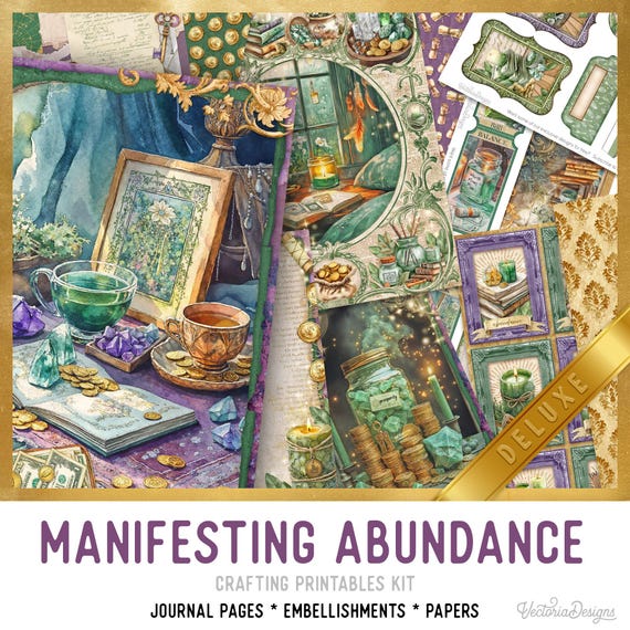 Manifesting Abundance Junk Journal Kit DELUXE - Printable Pages, Papers and Embellishments for Crafting - 004042