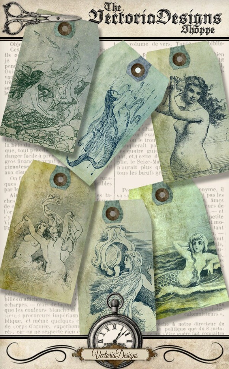 Mermaid Tags printable paper craft shabby art hobby crafting scrapbooking instant download digital collage sheet 001297 image 1