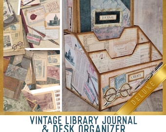 Vintage Library Journal DELUXE, Desk Organizer, Craft Kits, Journal Kit, Journal Ephemera, Scrapbook Journal, Digital Download - 002124