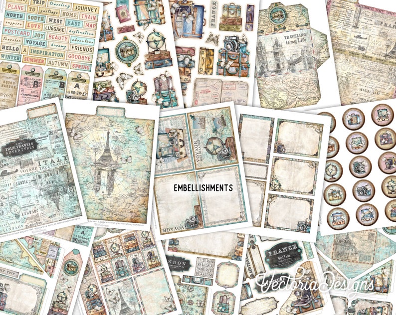 May include: A digital collage sheet with a travel theme. The sheet features images of luggage, maps, globes, airplanes, and other travel-related items. The sheet is in a vintage style with a distressed look. The text "TRUE TRAVELS ADVENTURES" and "ITALY" are visible on the sheet.