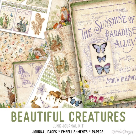 Beautiful Creatures Junk Journal Kit, Animals - Printable Pages for Crafting - 002523
