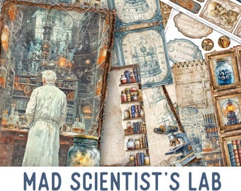Mad Scientist Junk Journal Kit large, Halloween Crafting Printables Mad Scientist Embellishments Paper Halloween Junk Journal 003698