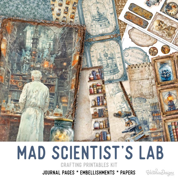 Mad Scientist Junk Journal Kit (Standard) Halloween - Printable Pages, Papers and Embellishments for Crafting - 003698