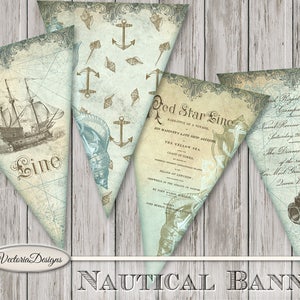 Printable Nautical Banner Bunting printable party banner ship green paper crafting instant download digital collage sheet - 001479