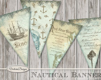 Printable Nautical Banner Bunting printable party banner ship green paper crafting instant download digital collage sheet - 001479