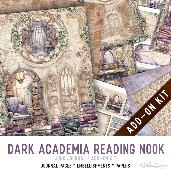Dark Academia Reading Nook Junk Journal Kit ADD-ON, Printable Craft kit with Journal Pages, Embellishments and Papers - 003344