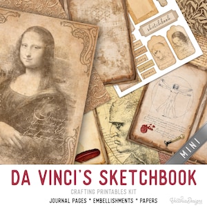 Da Vinci's Sketchbook MINI Junk Journal Kit, Da Vinci Digital Leonardo Da Vinci Journal Kit Vintage Journal Kit Instant Download 003095