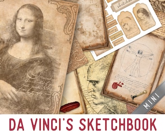 Da Vinci's Sketchbook MINI Junk Journal Kit, Da Vinci Digital Leonardo Da Vinci Journal Kit Vintage Journal Kit Instant Download 003095