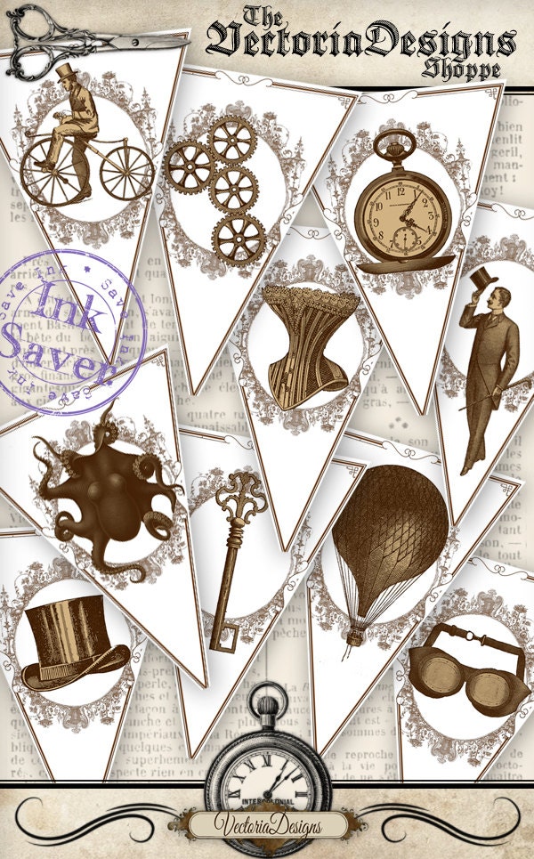 Printable Steampunk Banner Eco Bunting Party Banner Save Ink