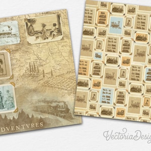 May include: A vintage-style scrapbook page with a brown background and a map design. The page features several photos of trains and people, as well as the word "ADVENTURES" in a decorative font.