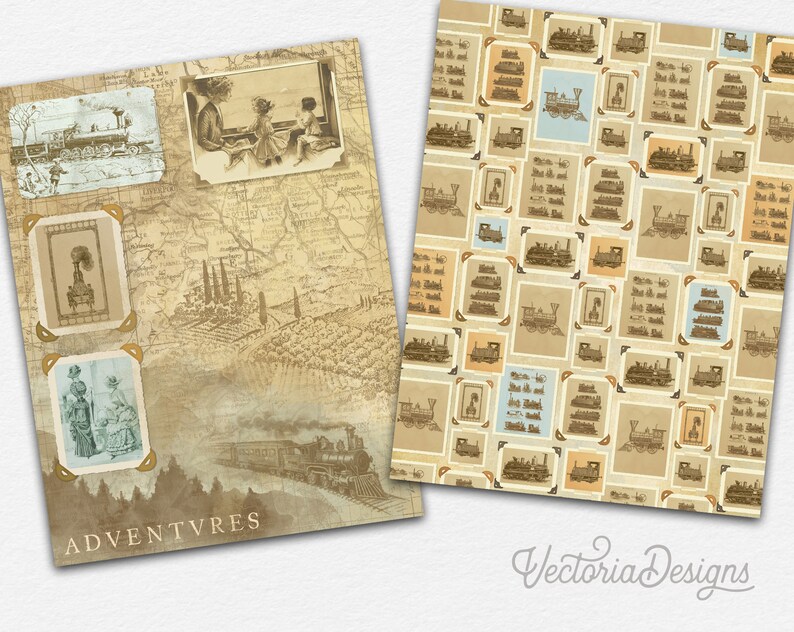 May include: A vintage-style scrapbook page with a brown background and a map design. The page features several photos of trains and people, as well as the word "ADVENTURES" in a decorative font.