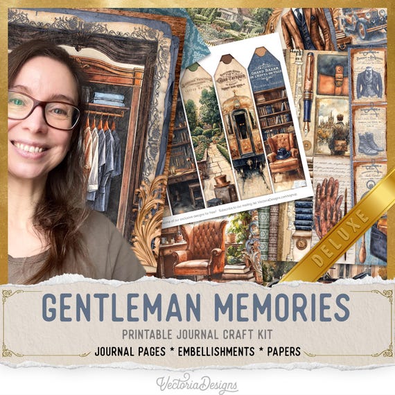 Gentleman Memories Junk Journal Kit (DELUXE) - Printable Pages, Papers and Embellishments for Crafting - 004098