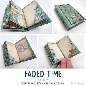 May include: A mini book titled Faded Time featuring a teal cover with ornate gold detailing. The interior pages display vintage-style illustrations of clocks, suitcases, and buildings on aged paper. The set includes a craft from scratch video tutorial.