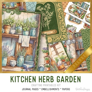 May include: A set of crafting printables with a kitchen herb garden theme. The image shows journal pages, embellishments, and papers with watercolour illustrations of herbs, pots, and vintage kitchen elements. The text "Kitchen Herb Garden" is displayed at the bottom.